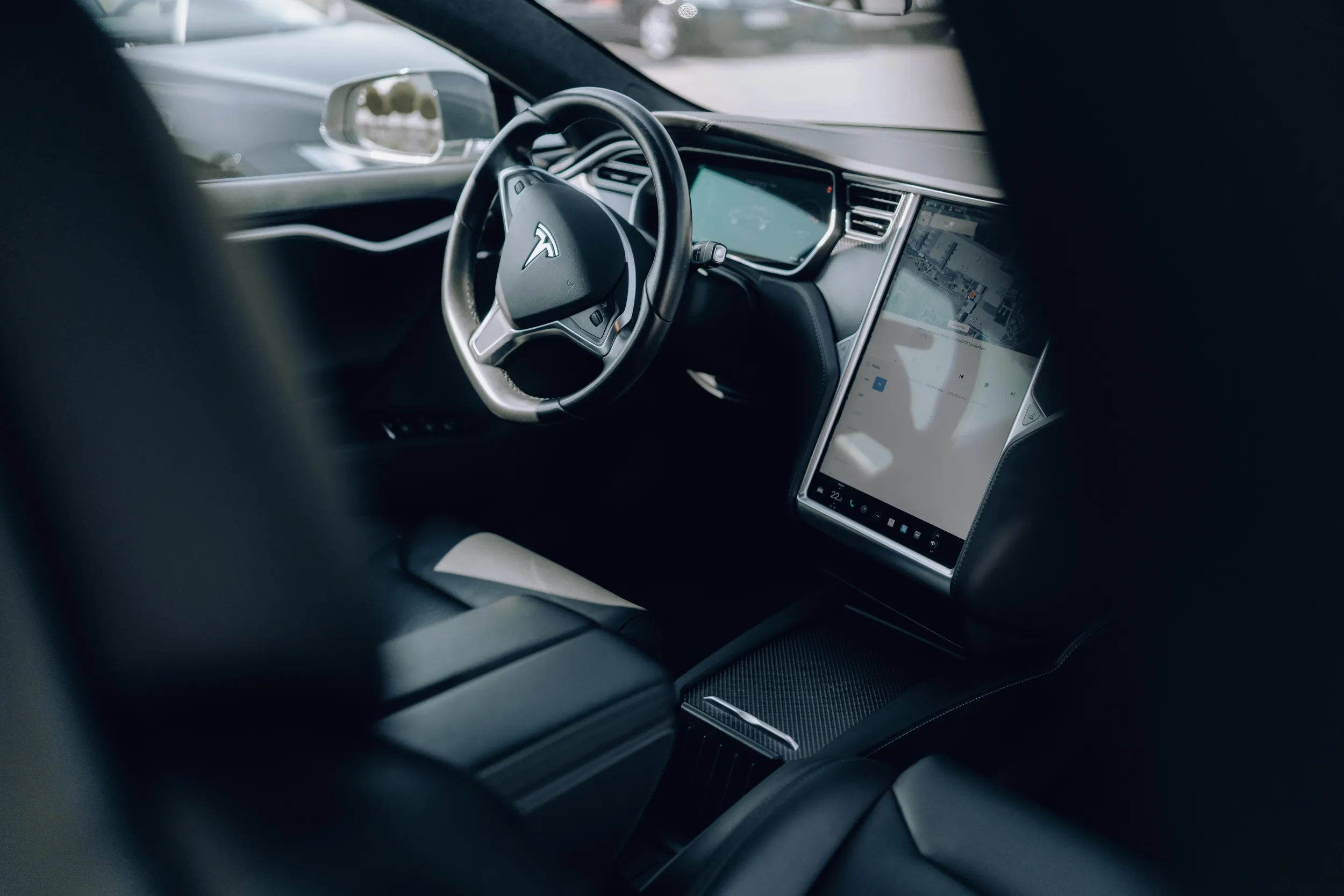 Front passenger interior of Tesla Model S electric vehicle