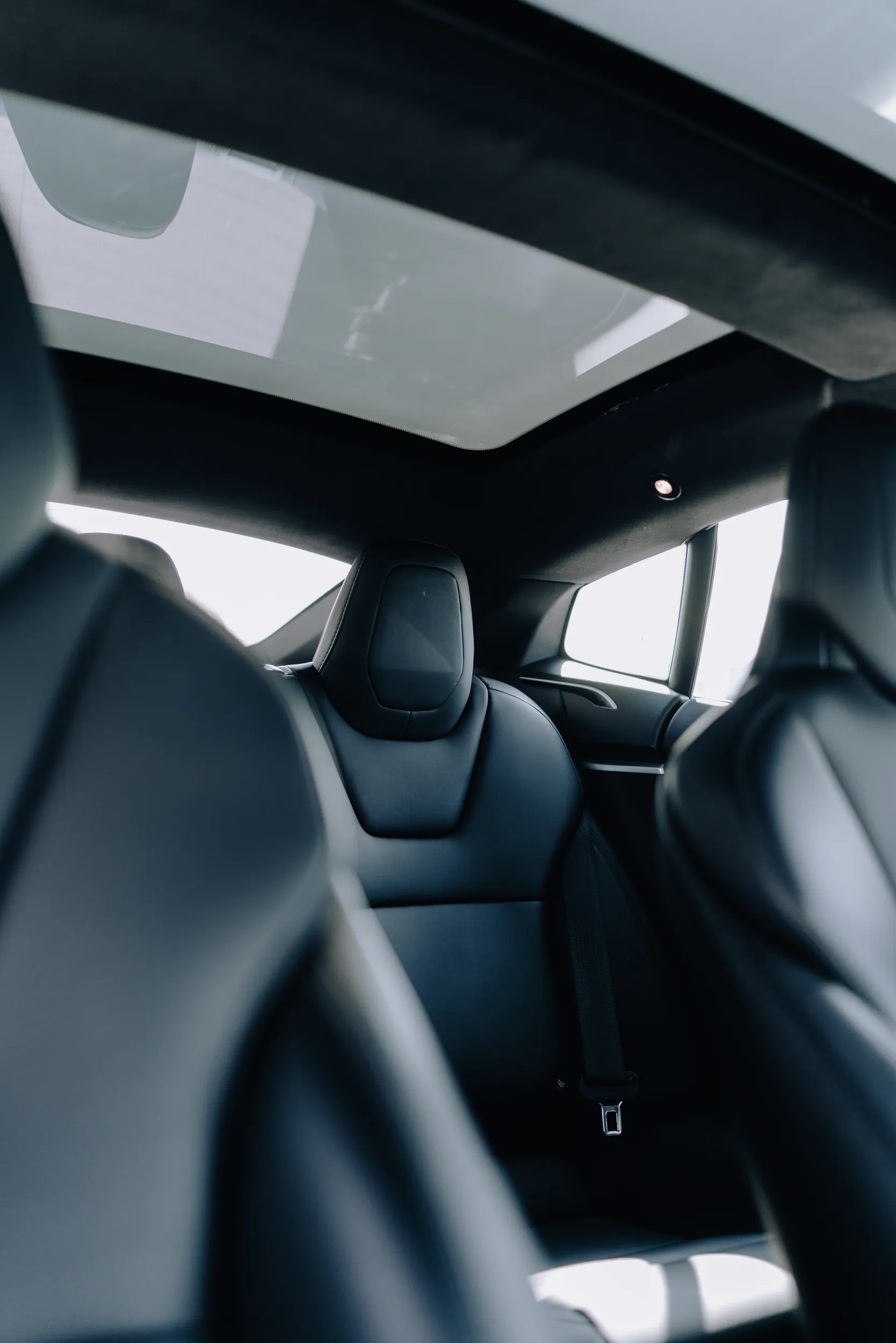 Rear passenger interior of Tesla Model S electric vehicle with spacious seating