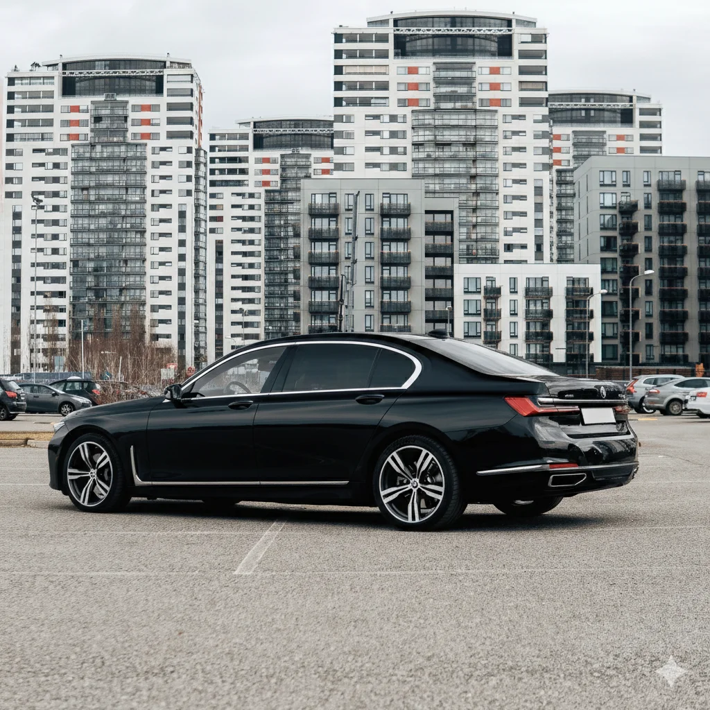 BMW 7 Series luxury class vehicle rear view for airport and VIP transfers