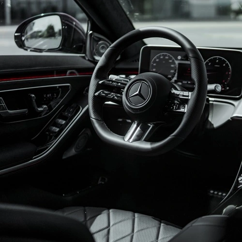 Front passenger interior of Mercedes-Benz S-Class luxury class vehicle