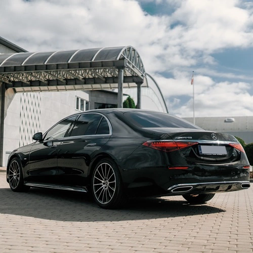 Mercedes-Benz S-Class luxury class vehicle rear view for premium airport and intercity transfers